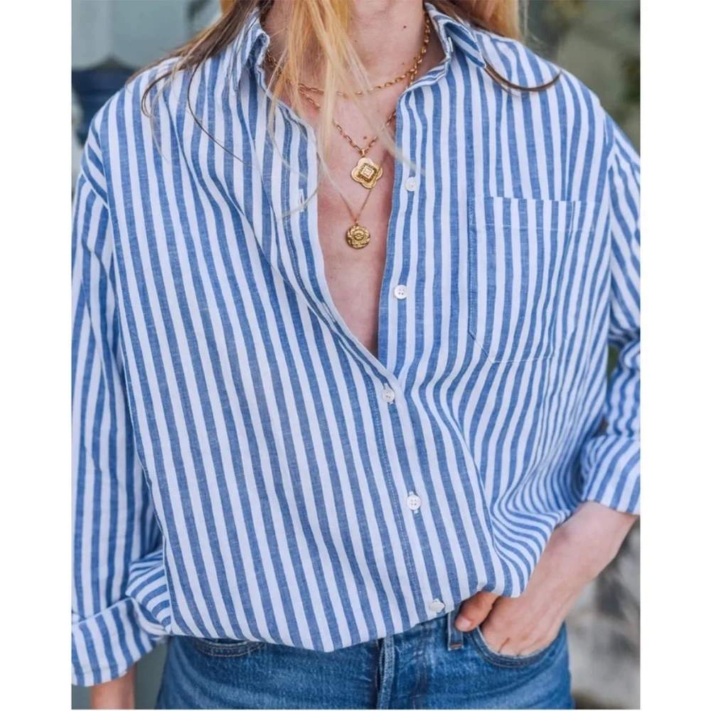 SEZANE Classic Oversized Blue & White Striped Linen Cotton Button Down Max Shirt - Picture 11 of 17